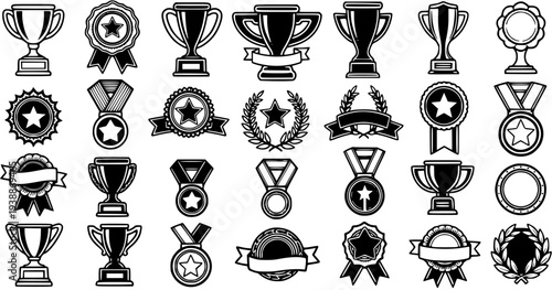 Black and White Icon Set of Trophies, Medals, Ribbons, and Laurel Wreaths for Awards and Achievements