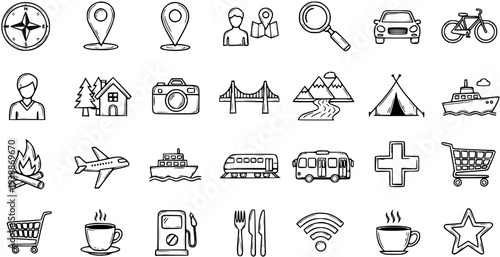 Black and white line art icons for travel and navigation: compass, map pins, people, car, bike, house, camera, bridge, mountains, tent, ship, plane, train, bus, medical cross, shopping cart