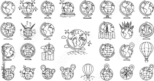 Hand Drawn Globe Icons Set - Black and White Line Art World Map Doodles for Travel, Education, and Global Concepts