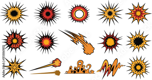 A vibrant collection of comic-style sunbursts and explosive graphics in shades of orange, yellow, and red on a white background