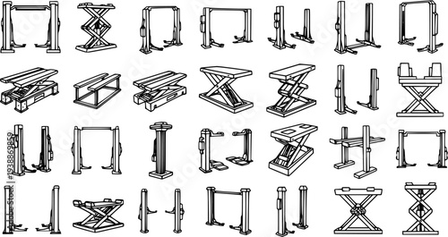 Automotive Vehicle Lifts, Scissor Hoists  Jacks Outline Line Art Icon Set for Garage and Repair Workshop Equipment.