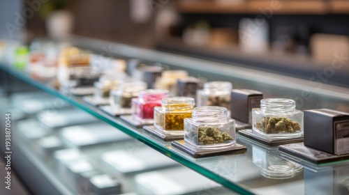 premium cannabis packaging, close-up of premium cannabis products in a sleek dispensary vibrant colors, elegant packaging, and high-quality items