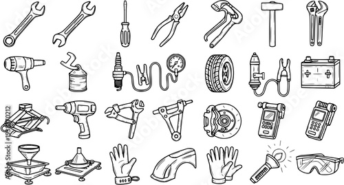 Automotive Repair Tools and Car Parts Doodle Set. Hand-drawn Black and White Line Art Collection for Mechanic Service and Garage Equipment.