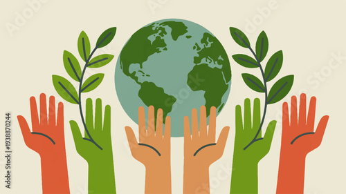 Hands holding green plants and globe eco friendly symbol for earth day environmental protection concept with nature sustainability and eco consciousness