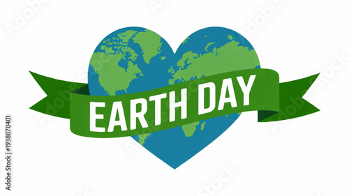 Earth day vector illustration with blue and green heart shaped globe and banner