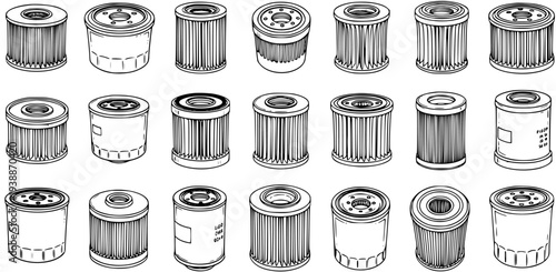 Automotive Car Engine Filters Black and White Line Art Collection. Hand-drawn outline sketch set of various vehicle maintenance parts including oil, air, and fuel filters.