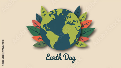 Earth day concept with paper cut style globe surrounded by colorful leaves on beige background