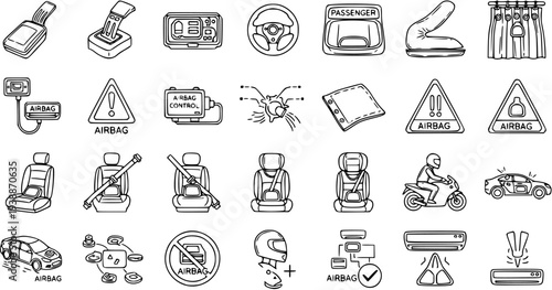 Automotive Airbag System Icons - Black and White Line Art Symbols for Car Safety