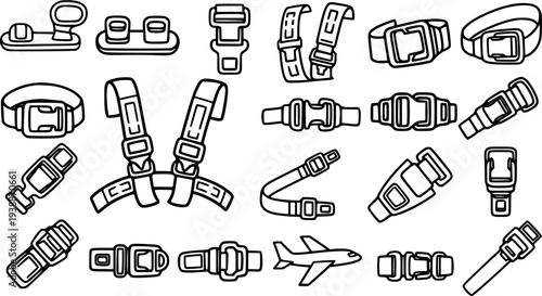 Black  White Line Art Vector Set of Buckles, Seatbelts, and Safety Fasteners for Automotive, Aviation, and Child Safety