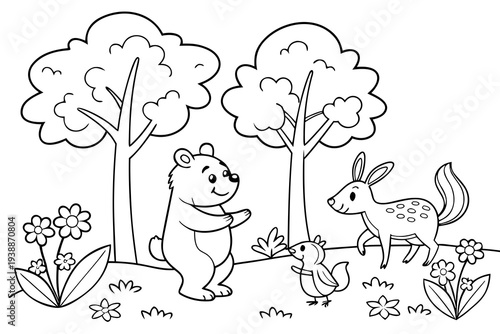 Cute Forest Animals Coloring Page for Kids - Bear, Rabbit, Deer, Squirrel Line Art