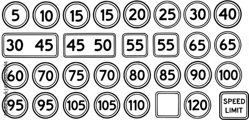 Transportation Road Safety Vector Icons: Black and White Line Art Speed Limit Signs Collection for Driving Regulations and Traffic Control