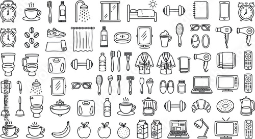 Daily morning routine lifestyle outline icon set art