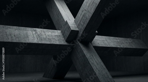 Close-up of intersecting dark gray concrete beams in a dimly lit room with a dramatic and moody atmosphere.
