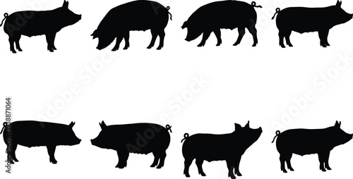Eight unique black silhouettes of pigs are displayed in a variety of poses and actions, set against a clean white canvas.