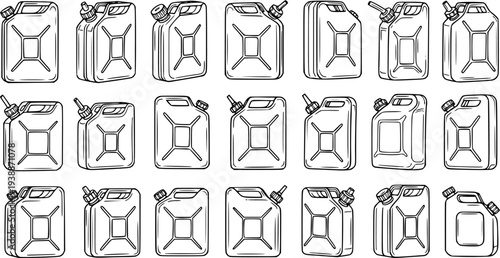 Black and White Line Art Illustration of Various Jerry Cans and Fuel Cans for Automotive Industry
