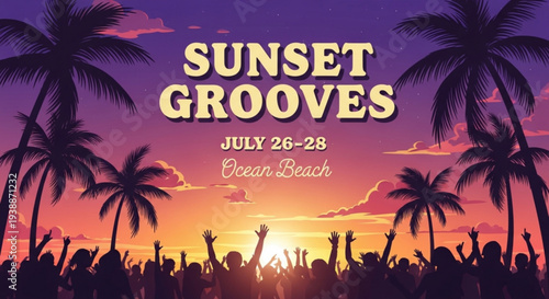 Sunset grooves music festival crowd dancing at beach with palm trees during colorful summer evening