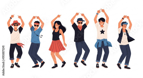 Diverse group of young adults dancing together in a line wearing casual clothing and sunglasses on a plain white background with vibrant colors and dynamic poses