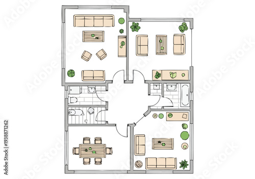 Top Down Architectural Floor Plan Rendering With Furniture Layout Modern Home Design furniture icons interior design architecture overhead view