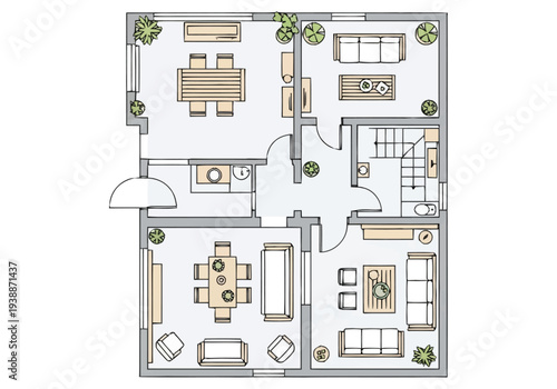 Modern Architectural Floor Plan Layout With Furniture Arrangement In A Two Story Family House Design furniture icons interior design architecture