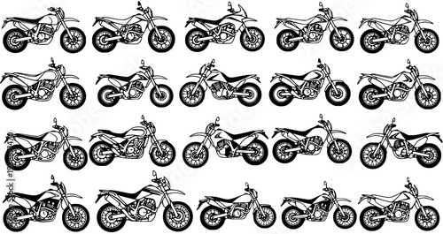 Automotive Off-Road Motorcycles Black and White Line Art Vector Collection. Set of Detailed Dirt Bikes, Enduro, and Dual Sport Motorbikes for Adventure Riding Icons.