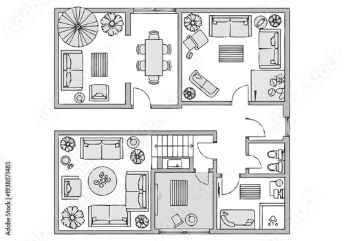 Detailed Architectural Floor Plan Layout For Modern Two Story Family Home Design With Interior Furnishings And Room Dimensions Shown In Black And