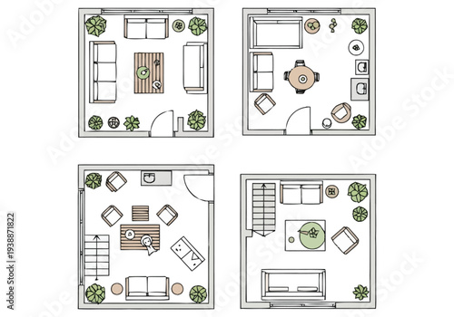 Interior Design Floor Plan Layouts Four Different Room Arrangements With Furniture And Plant Elements furniture icons interior design architecture