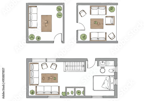 Modern Apartment Floor Plan Layout Design Showing Living Rooms Bedrooms and Bathrooms With Furniture And Plants Architectural Drawing For Home