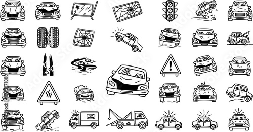 Automotive Road Safety and Car Accident Black and White Line Art Doodle Icons Set