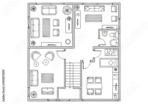 Detailed Architectural Floor Plan Layout Design For A Modern Residential Dwelling Showing Room Divisions Furniture Placement And Structural Details