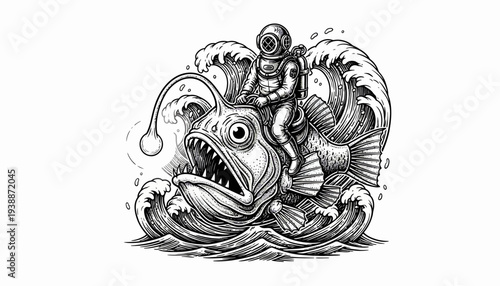 Astronaut riding a giant anglerfish through ocean waves in a detailed illustration.