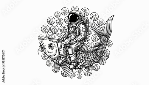 Astronaut Riding a Fish in Space Black and White Illustration.