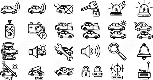 Automotive Car Alarm System and Security Icons Set. Hand-Drawn Line Art Doodle Symbols for Vehicle Safety, Remote, and Protection UI.