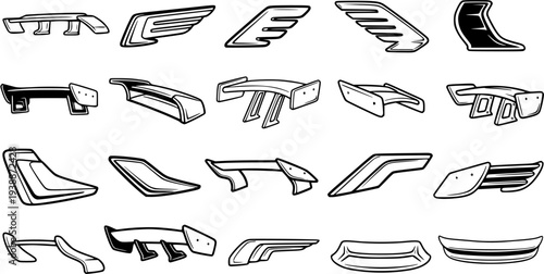 Automotive Car Spoilers and Aerodynamic Wings Black and White Line Art Vector Icons Set. Collection of Outline Graphic Elements for Vehicle Styling and Performance.