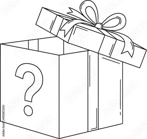 Clean line art illustration depicting an open gift box with a prominent question mark, suggesting mystery, unexpected surprises, and important choices.