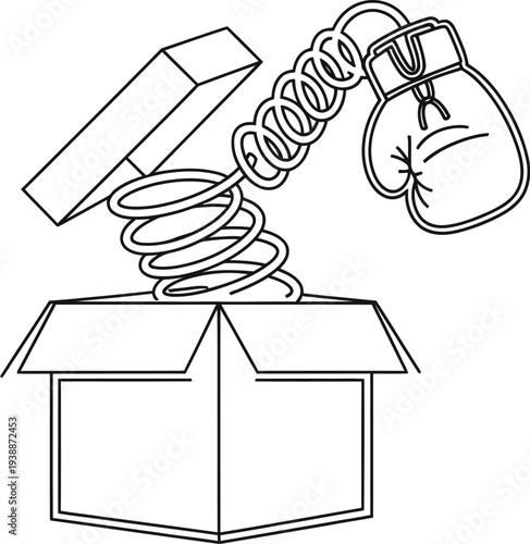 Black and white line art drawing illustrating a surprise boxing glove emerging suddenly from an open cardboard container