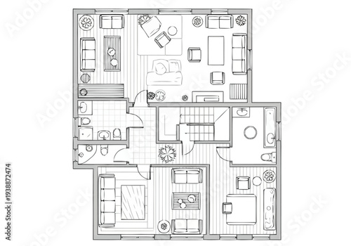 Detailed Architectural Floor Plan of a Spacious Residential Property Showing Multiple Rooms and Layout with Furniture Placement Ideas furniture icons