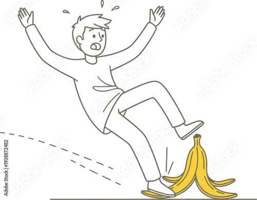 Cartoon illustration of a young man experiencing a clumsy accident while walking, having slipped unexpectedly on a discarded banana peel.