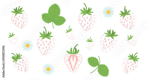 Cute strawberry fruit vector set with leaves and flowers, flat cartoon botanical elements for summer food design and patterns