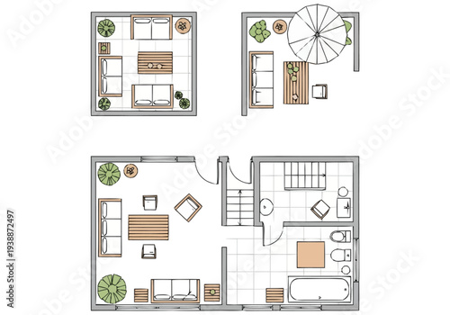 Top View Interior Design Layouts of Modern Living Room and Bathroom Floor Plan Ideas Showing Furniture Arrangement for Spacious Living furniture