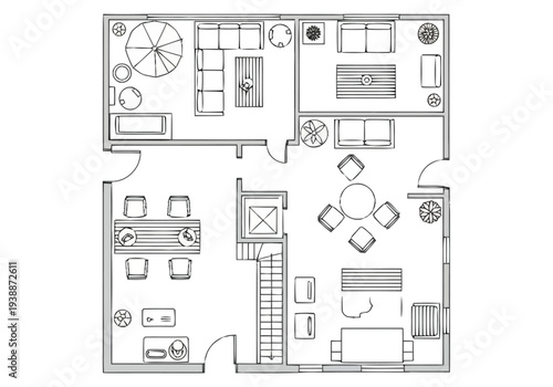 Detailed architectural floor plan drawing of a modern residential dwelling with multiple rooms and furniture layouts furniture icons interior design