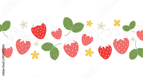 Strawberry Seamless Border with Leaves and Flowers, Cute Fresh Berry Pattern for Food Packaging Decorative Vector Illustration