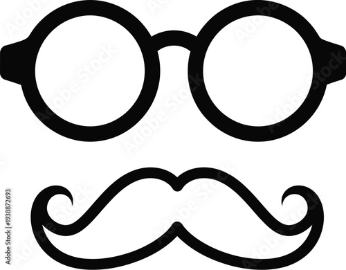 Minimalist black and white icon featuring round eyeglasses above a curled handlebar mustache graphic element