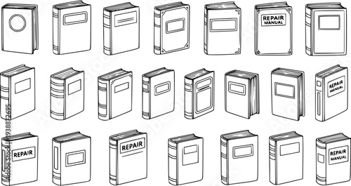 Hand-Drawn Black and White Outline Books Collection. Line Art Illustration of Education Textbooks, Technical Manuals, and Repair Guides.