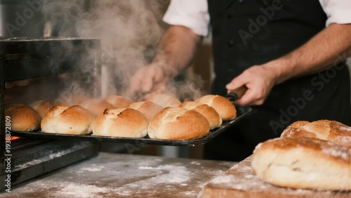 Baker removing freshly baked bread from oven with steam rising