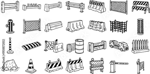 Construction and Road Safety Elements Vector Line Art Icons Set. Black and White Outline Doodle of Traffic Barriers, Fences, Cones for Site Management.