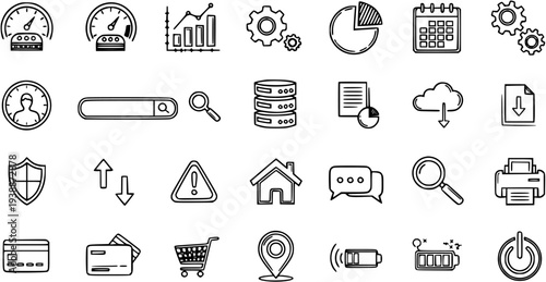 Black and White Line Art Icons for Technology and Business: Speedometer, Search, Data, Security, Home, Chat, Printer, Battery
