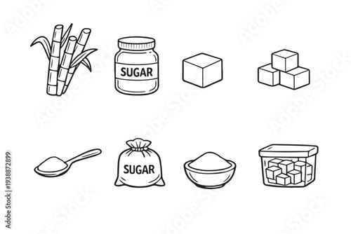Sugar and Sugarcane Line Art Icon Set