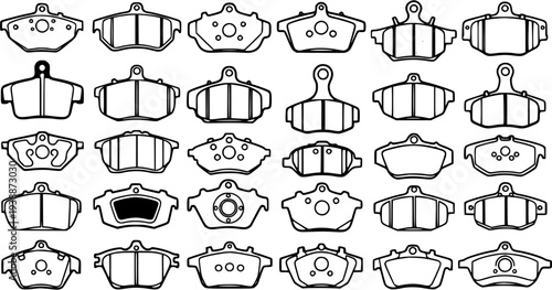 Black and White Line Art of Various Automotive Brake Pads, Vector Stock Asset
