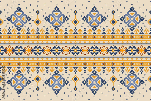 Seamless pixel geometric ethnic border pattern in blue gold and beige. Ideal for woven fabric, jacquard textile, knitting patterns, garment production, upholstery fabric, and traditional textile manuf