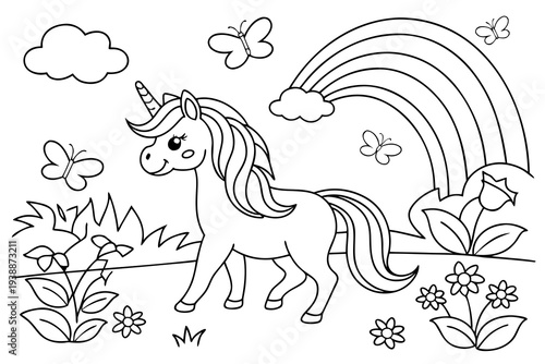 Magical Unicorn Coloring Page for Kids - Cute Unicorn with Flowers and Butterflies Line Art